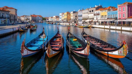 Brightly colored gondolas rest in the tranquil waters of Aveiro's canal, surrounded by charming buildings under a clear blue sky. The picturesque scene captures the beauty of this coastal town.