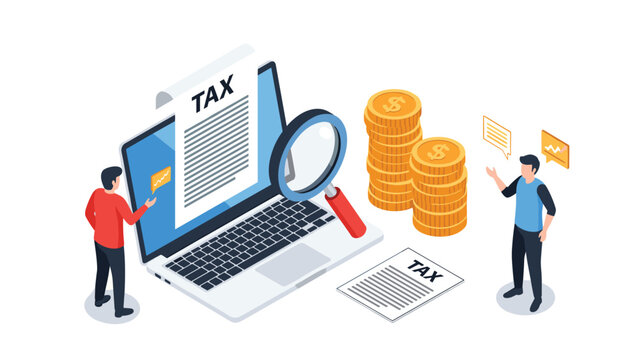 Business tax compliance and financial reporting concept featuring a laptop, magnifying glass, documents, and coins.