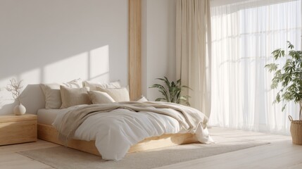 Fototapeta premium Minimal bedroom interior with wooden bed soft linens indoor plants and natural morning light