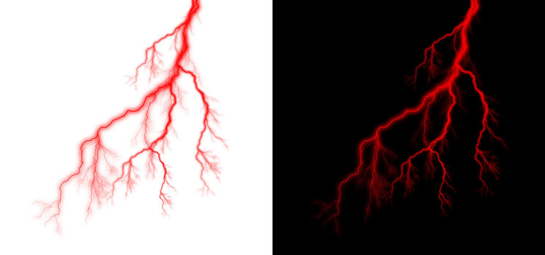 Vibrant red lightning bolts electrify transparent and black backgrounds energetic discharge natural weather phenomenon dynamic plasma