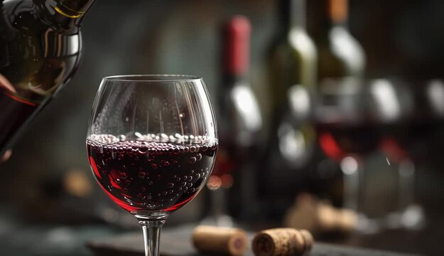 Red wine being poured from bottle into wine glass, dynamic pour shot, rich burgundy red wine stream, elegant wine glass half full with bubbles
