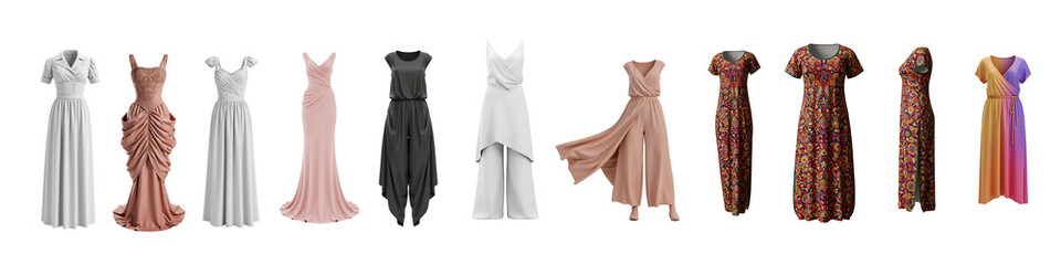 Collection of various colorful elegant dresses for women on transparent background