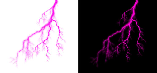 Lightning bolt effect isolated on transparent background, realistic electric current with bright pink light, powerful thunderstorm or shock