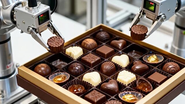 Medium shot showing a robotic pickandplace system arranging chocolates with intricate details into boxes highlighting accuracy in diverse praline assortment handling.