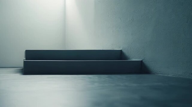 Empty room featuring two steps in a corner, illuminated by bright light, creating a strong contrast and suggesting concepts of opportunity and progress