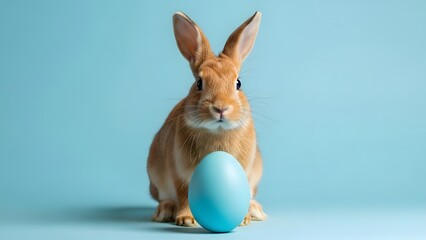 Obraz premium Easter bunny holding large blue easter egg on light blue background