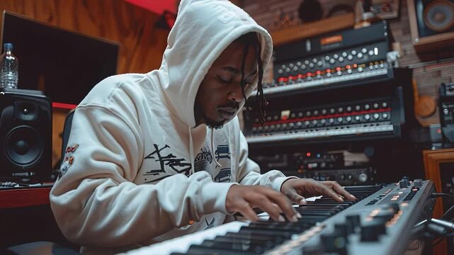 A person plays music on a keyboard in a recording studio. Various tools and equipment are seen around them. The session focuses on music creation in a creative space