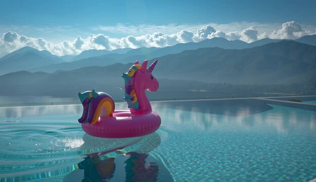 Pink inflatable unicorn pool float in infinity pool overlooking mountain landscape, bright magenta unicorn floatie with rainbow mane and purple horn, crystal clear turquoise water