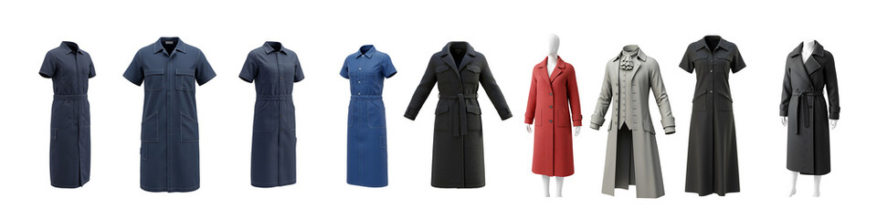 Collection of various long coats and dresses on mannequins