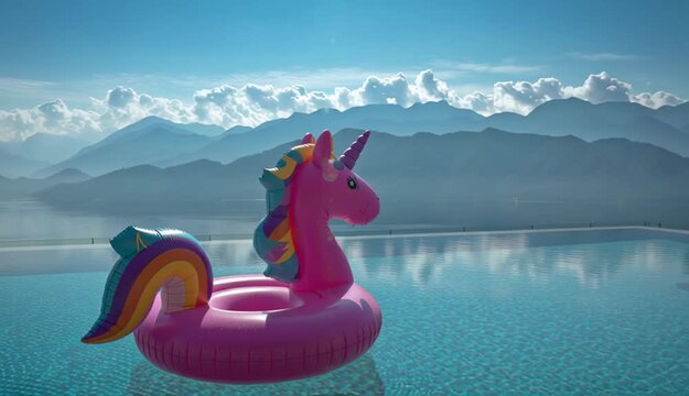 Pink inflatable unicorn pool float in infinity pool overlooking mountain landscape, bright magenta unicorn floatie with rainbow mane and purple horn, crystal clear turquoise water