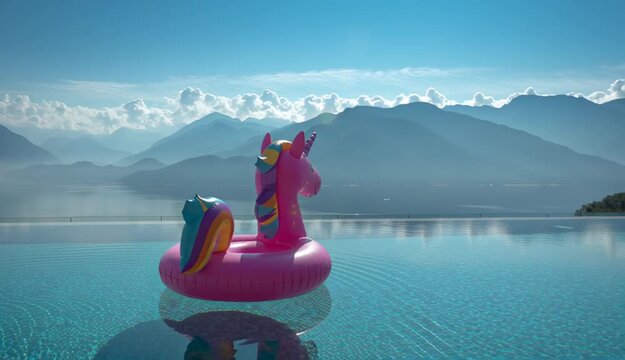 Pink inflatable unicorn pool float in infinity pool overlooking mountain landscape, bright magenta unicorn floatie with rainbow mane and purple horn, crystal clear turquoise water