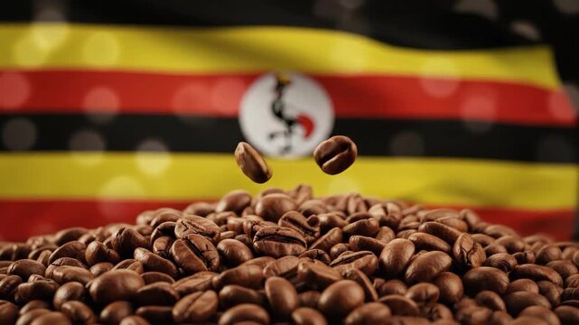 Ugandas Golden Harvest Rich Coffee Beans Against National Flag.