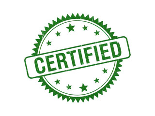 Green "CERTIFIED" grunge rubber stamp with a distinctive jagged edge background, signifying quality and approval.