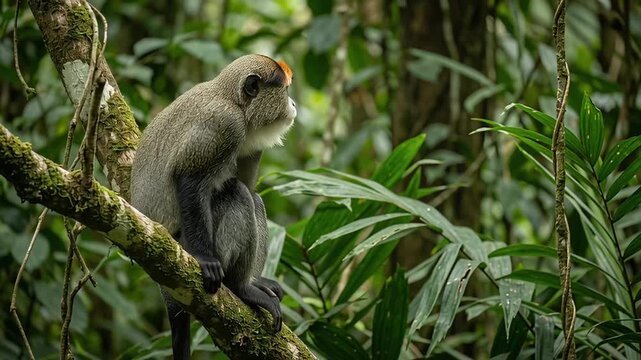 Patas Monkey Perched on Tree Branch in Lush Green Jungle.