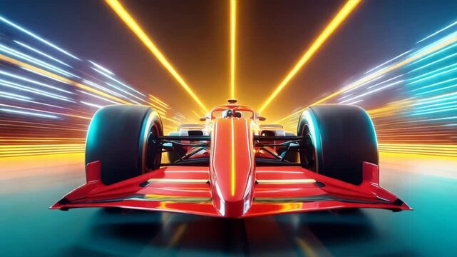 A vibrant race car speeding through a neon-lit track, capturing the thrill and excitement of motorsport.