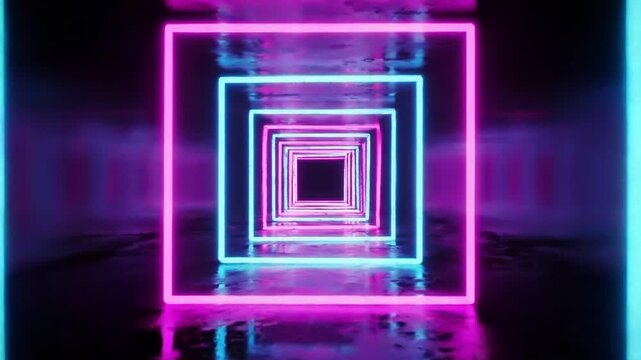Dynamic abstract pathway composed of glowing neon squares, receding into an infinite digital space with vibrant magenta and cyan light, suggesting a futuristic journey through a conceptual dimension