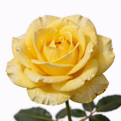 A close-up, photorealistic image of a solitary yellow rose against a white background