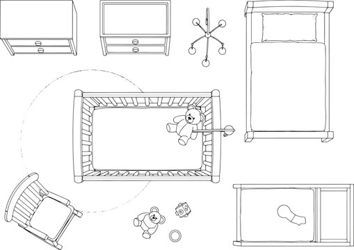 A top-down outline of a nursery room, featuring furniture with a baby crib as the centerpiece.