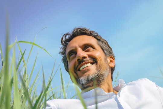 Hombre adulto sonriendo mirando al cielo rodeado de hierba alta, Recurso gr&aacute;fico para campa&ntilde;as de bienestar y crecimiento personal, Fotograf&iacute;a editorial de estilo wellness y aesthetic minimalista
