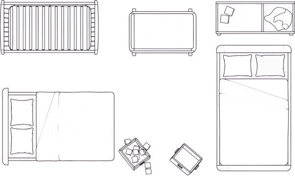 A comprehensive top-down architectural diagram of a modern bedroom interior showcasing a variety of furniture elements, creating a clear and informative visual representation of the space.