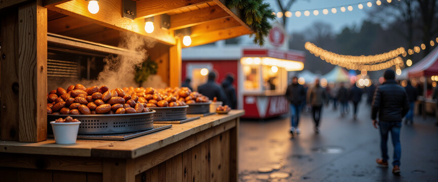 Roasted nuts stall with warm lights at night fair outdoors  