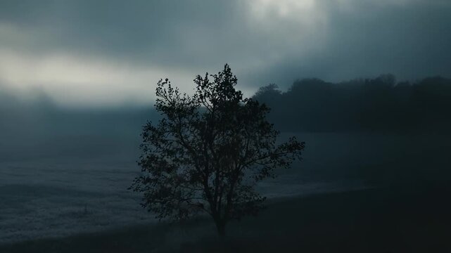 Single tree with lush foliage standing alone in a wide open field, enveloped by dense fog and moody clouds, conveying concepts of solitude and resilience