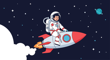 Naklejka premium Young astronaut riding on top of a red and white rocket flying through a dark starry sky with clouds and a distant blue planet.