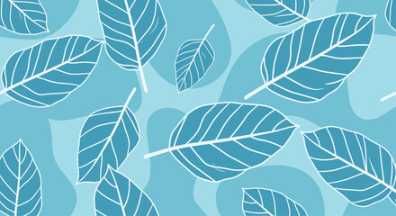 Fototapeta premium Artistic seamless pattern featuring white outlines of leaves scattered across a blue background with soft organic wave shapes.