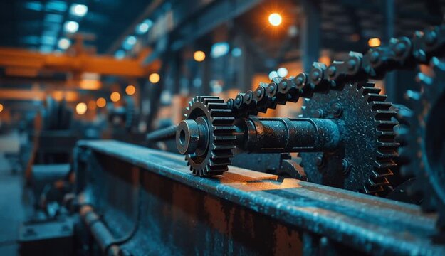 Industrial machinery gears and cogs in old factory, rusty worn metal gears with blue patina, mechanical transmission system, chains and sprockets