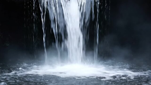 Cinematic close-up of a dramatic waterfall plunging into a dark pool, creating intense white foam and mystical mist against a high-contrast, moody bac