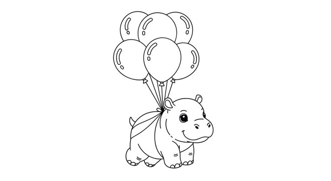 Cute baby hippo character being lifted into the air by a bunch of large balloons in a simple black and white line art style.