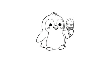Obraz premium Cute baby penguin character holding a double scoop ice cream cone for a fun coloring book activity for kids.