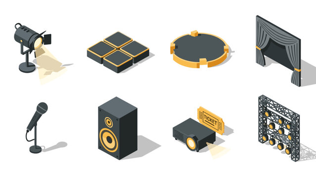 Isometric concert objects collection: stage lights, speakers, microphone, and ticket