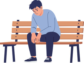 Sad man sitting alone on a wooden park bench head down