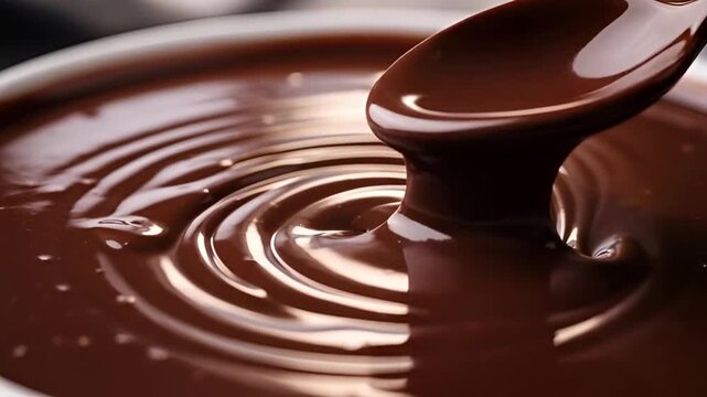 Video 4k Close-up of a spoon stirring rich, glossy melted chocolate in a bowl