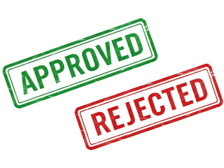 Contrasting green "APPROVED" and red "REJECTED" grunge rectangular rubber stamps, symbolizing acceptance and denial for decisions or applications.