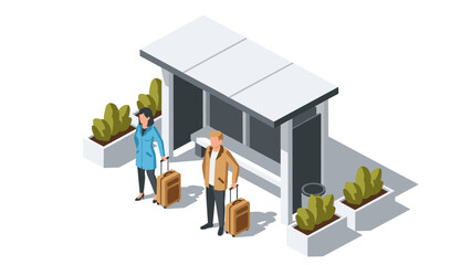 Isometric bus stop scene with travelers and luggage, modern urban design illustration
