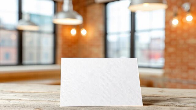 Blank white card on wooden table in cozy loft interior with brick walls