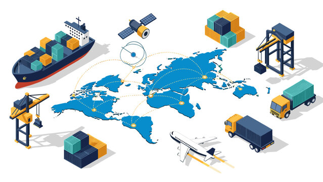Global logistics network with cargo transportation and shipping elements