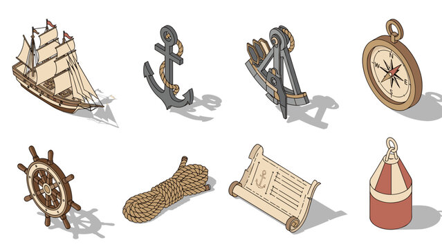 Isometric nautical elements set with ship, anchor, and compass on white background