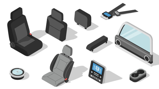 Isometric car interior elements collection with seats and accessories