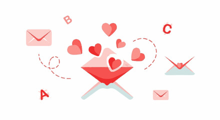 Love letters flying out of an open envelope with hearts.