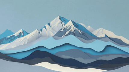 A mountain range design, a paper cut-out style. The mountains are composed of layers of varying shades of blue, gray, and white for snowy peaks, a three-dimensional effect. style is majestic and calm. © Tichila