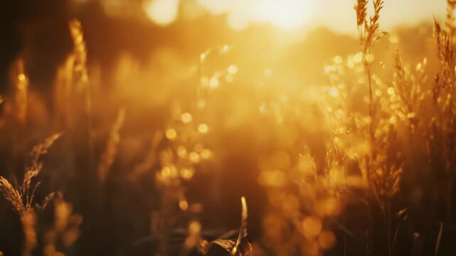 Grass stalks standing in a field absorb warm golden sunlight, creating a tranquil, serene, and peaceful natural scene during sunrise or sunset with bokeh light effects