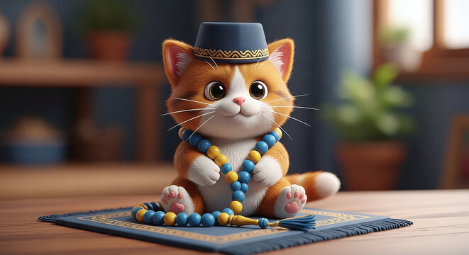 3D isometric kit illustration of a kitten wearing a hat and beads on a kitchen floor