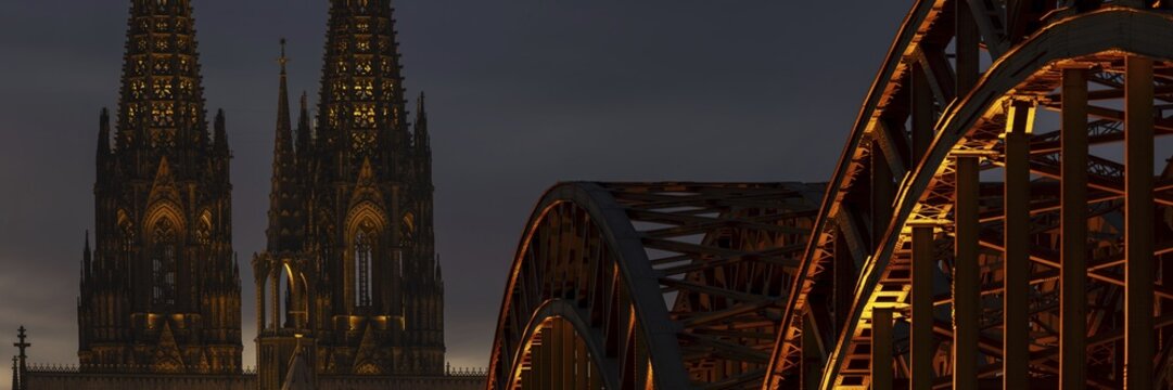 Evening atmosphere, Cologne Cathedral illuminated with LED lamps and the Hohenzollern Bridge, Cologne, North Rhine-Westphalia, Germany
