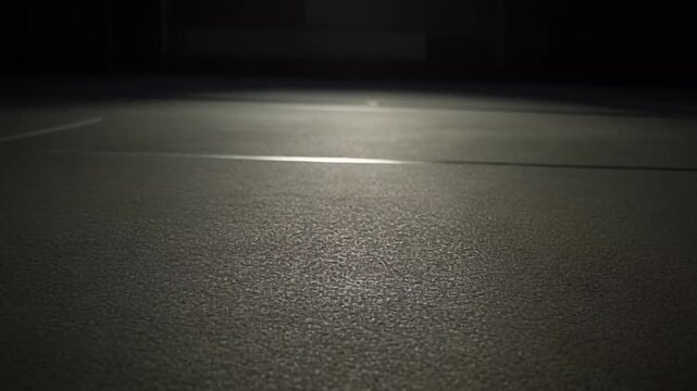Dark asphalt road with white line illuminated by light