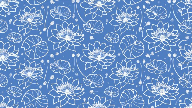 Delicate white lotus flowers and lily pads on a soothing blue background pattern