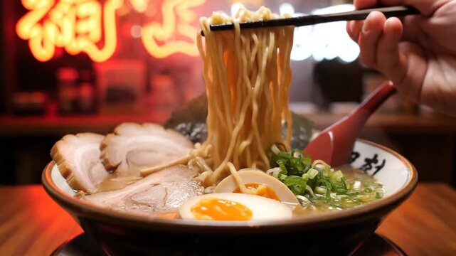 Delicious bowl of steaming ramen noodles with tender pork eggs and green onions in a cozy restaurant setting