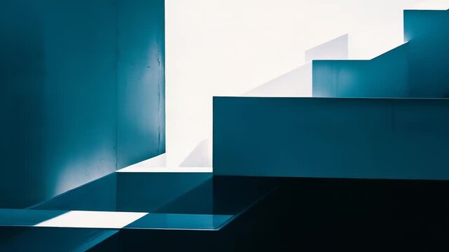 Abstract architectural shapes creating a modern composition, showing a dark teal gradient with contrasting bright white light and sharp geometric shadows
